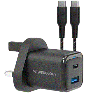 شارژر دیواری تایپسی و یواسبی 35 وات با کابل دو سر تایپ سی 60 وات پاورولوژی Powerology مدل PWCUQC023-C 1xUSB-C 35W / 1xUSB-A 18W GaN Charger with Type C to C 60W