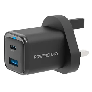شارژر دیواری فست شارژ تایپ سی و یو اس بی 35 وات پاورولوژی Powerology مدل 35W PD QC 1xUSB-C 35W and 1xUSB-A 18W GaN Charger UK PWCUQC023