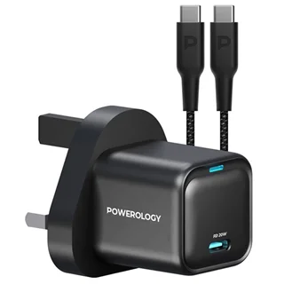 شارژر دیواری فست شارژ تایپسی 20 وات با کابل دو سر تایپسی 60 وات پاورولوژی Powerology مدل 20W Single C Port PD Charger UK PWCUQC016-C